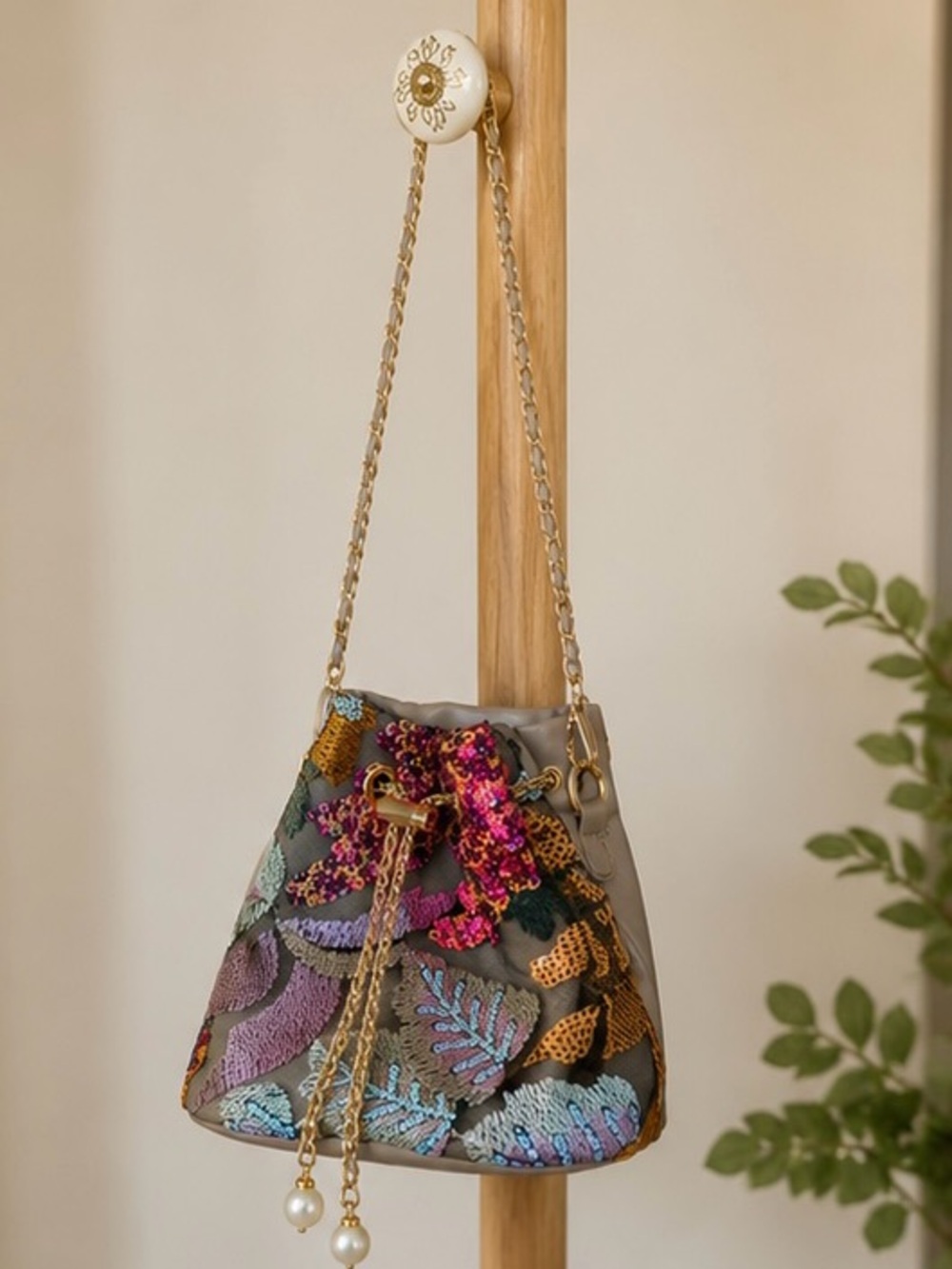 Embroidered Sequin Floral Bucket Bag Gold Chain Crossbody Purse
